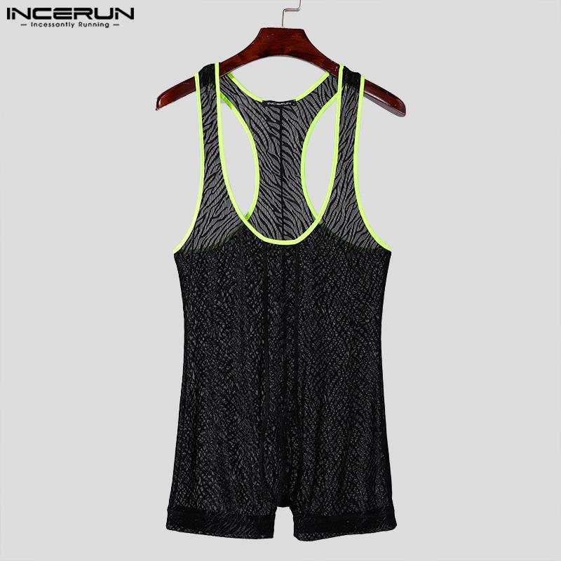 INCERUN Men Sleeveless Patchwork Lace See Through Mesh Playsuit Jumpsuits