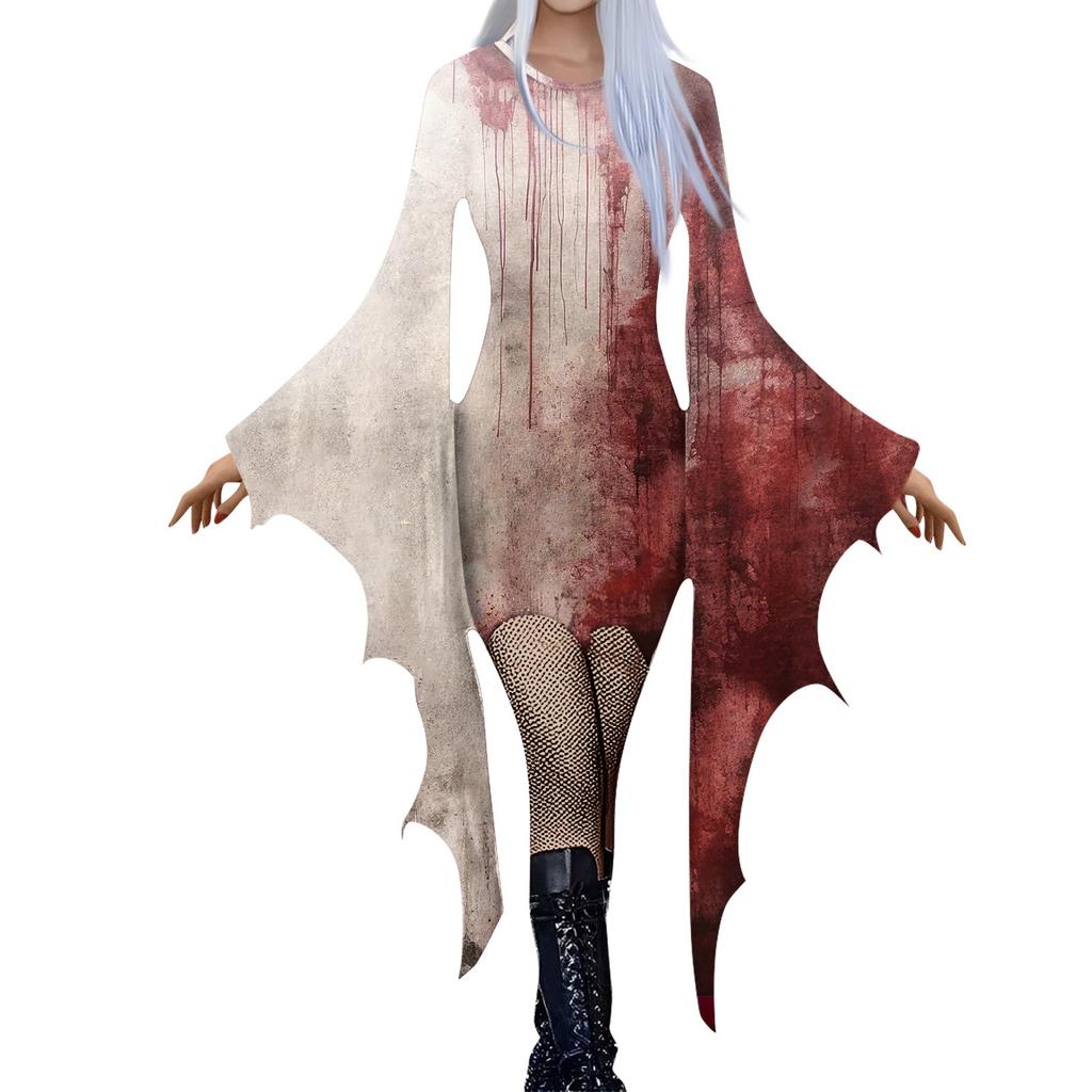 Женская мода готический панк летучая мышь рукава Хэллоуин принт нестандартное вечернее платье