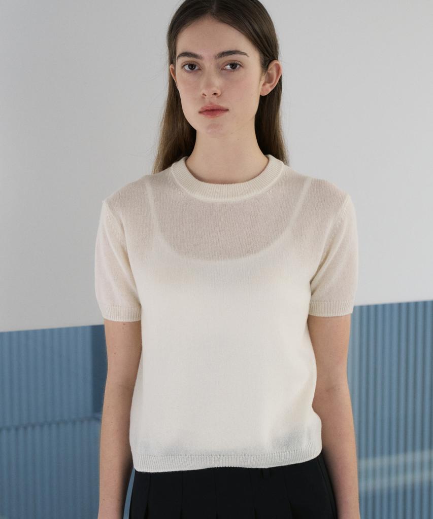 JE NE SAIS QUOI Sheer Cashmere Blended Crew Neck Short Sleeve Knit_Off-White