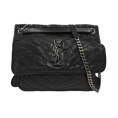 [Б/У] Ysl Niki Серебряная Цепь Черный Логотип Винтажная Складчатая Кожаная Сумка Через Плечо На Плечо - Хорошее состояние #E81O8T