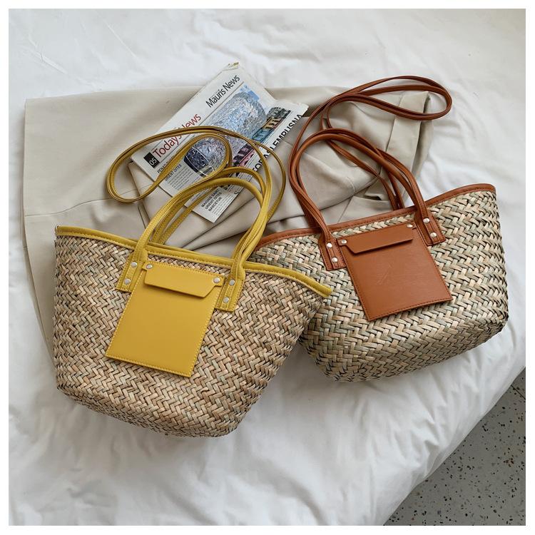 Summer Handmade Bags for Women Large Capacity Straw Fabric Basket Tote Top Handle Handbags Lady Beach Hand Bags