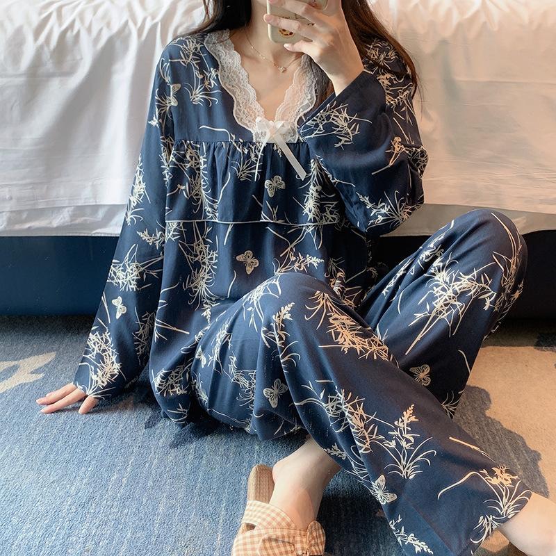 Cotton and silk pajamas women's spring and autumn 1011 new summer large size sweet pastoral style long sleeve anti-bumping loungewear set