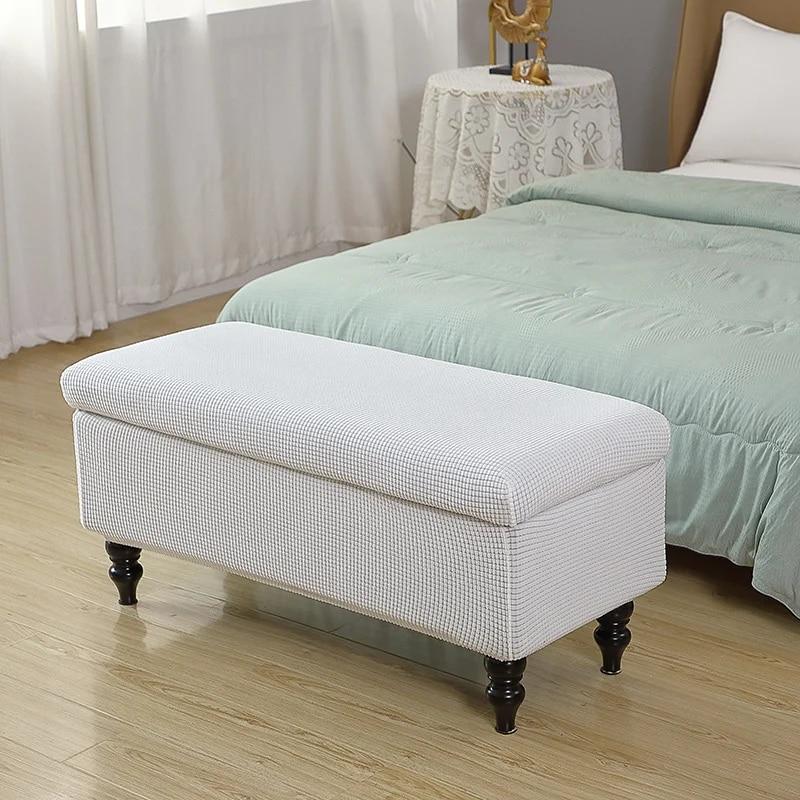 Solid Color Storage Ottoman Covers Rectangle Elastic Bedside Footstool Cover Non-Slip Polar Fleece Footrest Seat Bench Slipcover