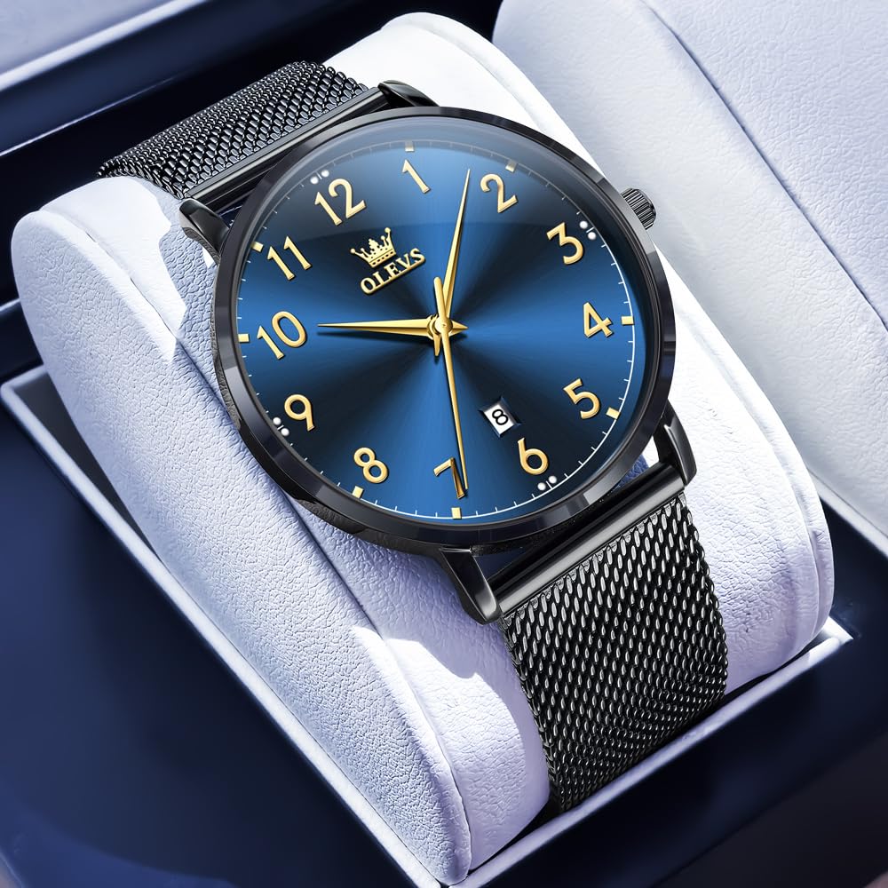 OLEVS Business Casual Watch with Roman Alphabet Waterproof and Luminous Black Leather Strap and Mesh Analog Quartz Date Perfect Gift for Men Men's