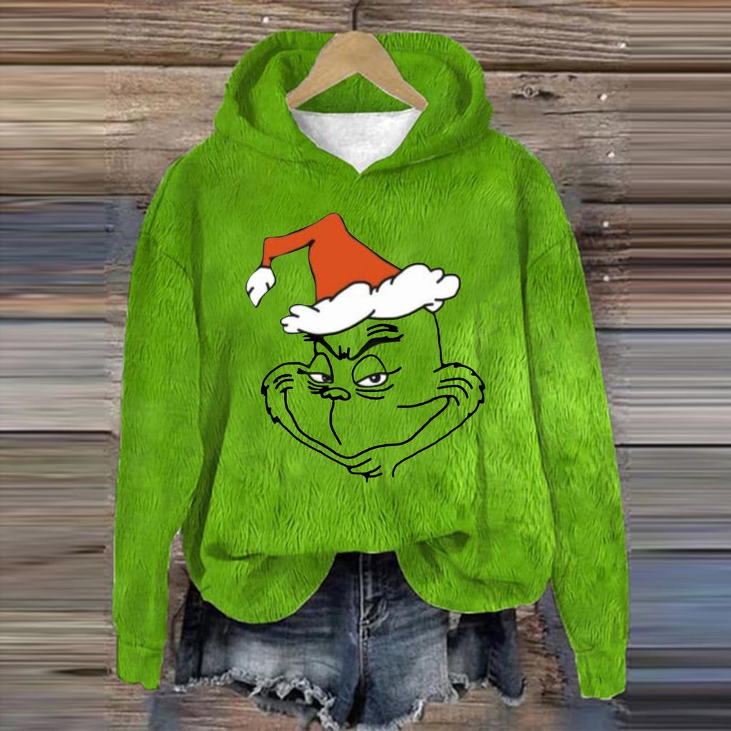 Женская модная повседневная толстовка с капюшоном и длинным рукавом из фланели с рождественским принтом