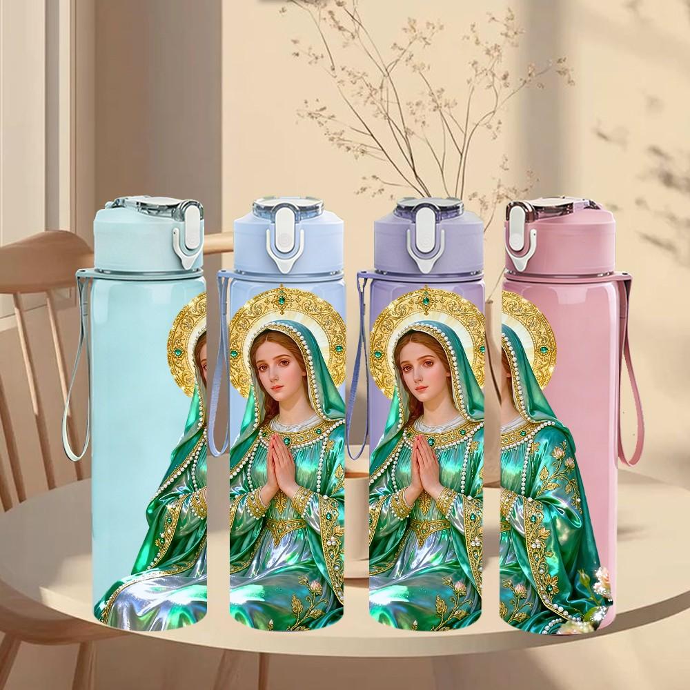 1PC Green Robe Virgin Mary Print 750ml Color Plastic Sports Water Bottle Leakproof Flip Straw Lid Suitable for Sports Office Home Use