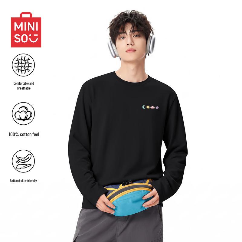 MINISO Мужская футболка с длинным рукавом и круглым вырезом из чистого хлопка