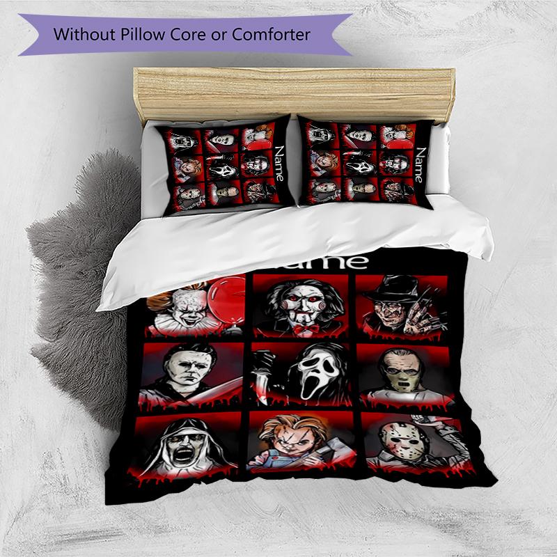 3pcs Custom Name Cartoon Horror movies Bedding Set Duvet Cover Closure Includes 1 Duvet Cover & 2 Pillowcases for All Seasons Bedroom Decor