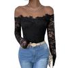 Женский комбинезон с кружевом и лоскутным узором, длинный рукав, черный боди