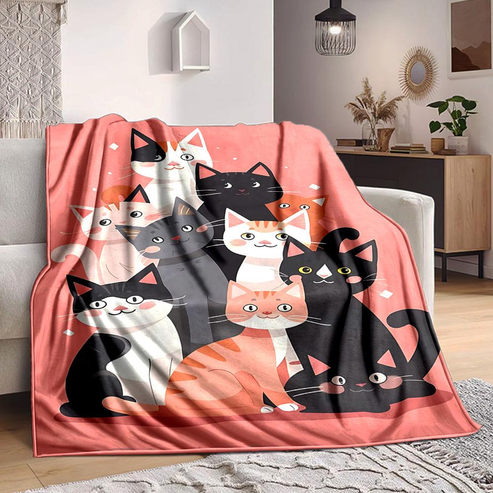 1pc Cat Family Lightweight Flannel Blanket, Comfortable and Warm Blanket, for Office and Camping Sofa Bed, Livingroom025