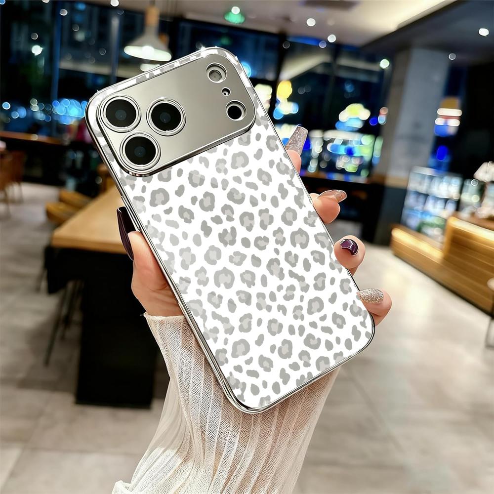 Fashion Leopard Cute Phone Case For iPhone 17 16 15 14 13 12 Pro Max Plus Electroplated Metal Shockproof Bumper Case Glass Back
