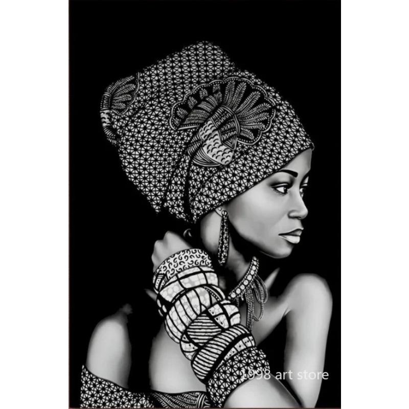 Красота африканской женщины с шарфом, браслетом, ожерельем и серьгами, художественный постер, картина на холсте, настенная печать, картина для домашнего декора комнаты