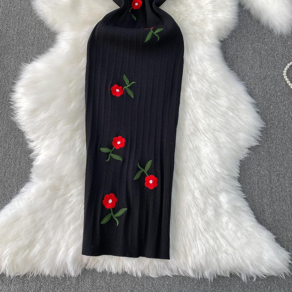 Летние женские винтажные пышные рукава с вышитыми розами для офиса, вязаные свитера, облегающие платья-футляры