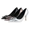 Elegant Metal Buckle Show Thin Women's Sandals Solid Patent Leather Pointed Toe Fashion Brand High Heels Women Shoes