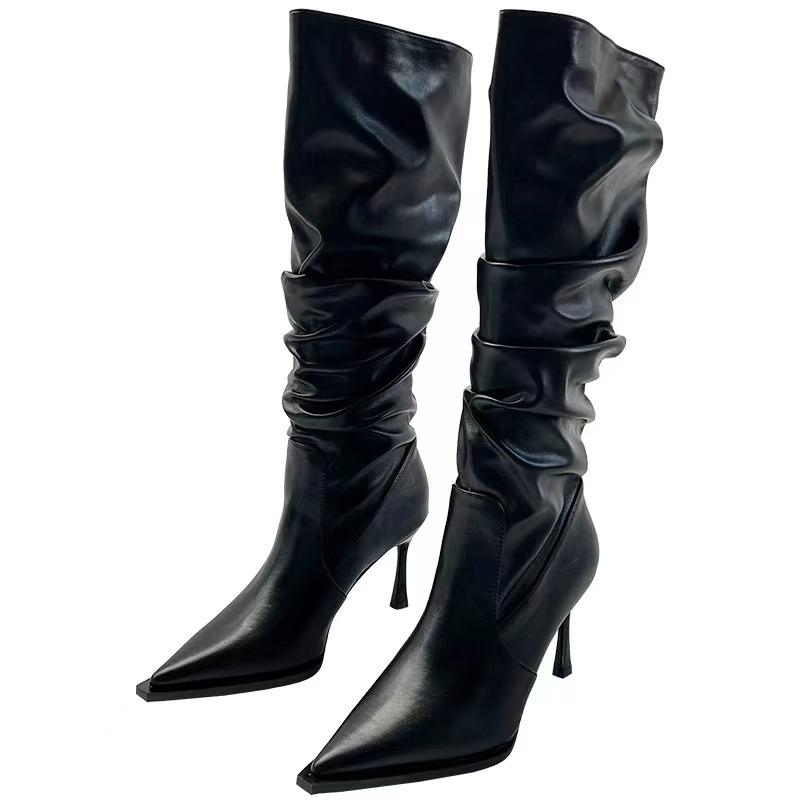 High Heel Thin Heels Modern Boots Pointed Toe Solid Shoes Female 2024 High Quality Pleated Spring/autumn Solid Women's Boots