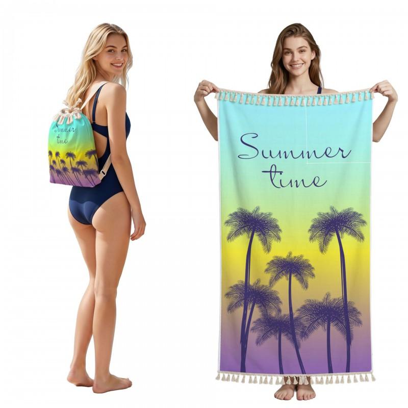 Quick-Dry Beach Towel With Sea Turtle Coral Fringe Design Foldable Portable Storage Bag Bath