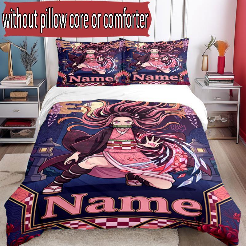 3pcs Duvet Cover Set (1*Duvet Cover + 2*Pillowcase, Without Core), Custom Name Demon Slayer Anime Pattern Bedding Set, Home Bedroom Decor Gift