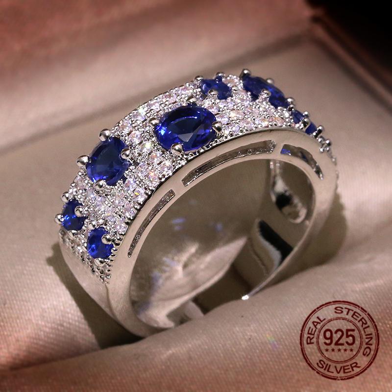 925  Plated Newest Gorgeous Blue Nano AAA+ CZ Genuine Sparkling Ring For Women Wedding Party Jewelry Gift