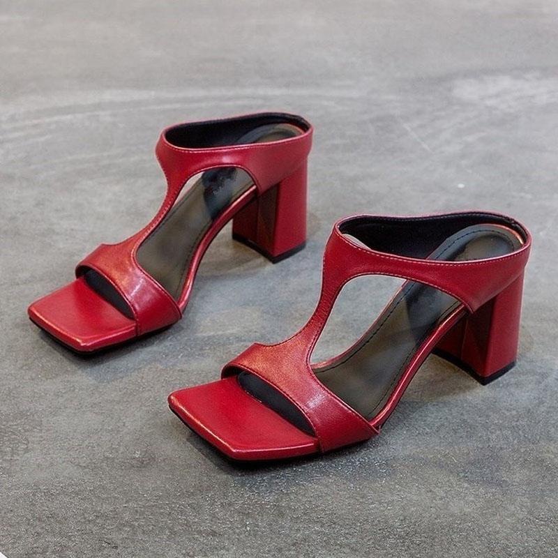 Летние женские босоножки с квадратным носком и блочным каблуком, модные тапочки, сексуальные Т-образные босоножки с открытым носком и высоким каблуком, большие размеры