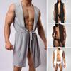 Men Bathrobe with Belt Hooded Sleeveless Ice Silk Solid Color Robe Open Front