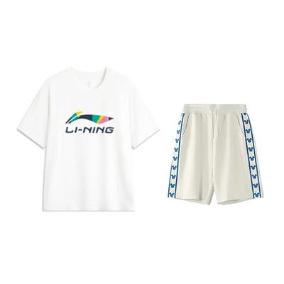 Футболка с круглым вырезом и коротким рукавом с принтом логотипа Li Ning Удобная Универсальная Простая Приятная к коже Шорты Повседневный спортивный костюм AHSVD61-1+YKSV129-1