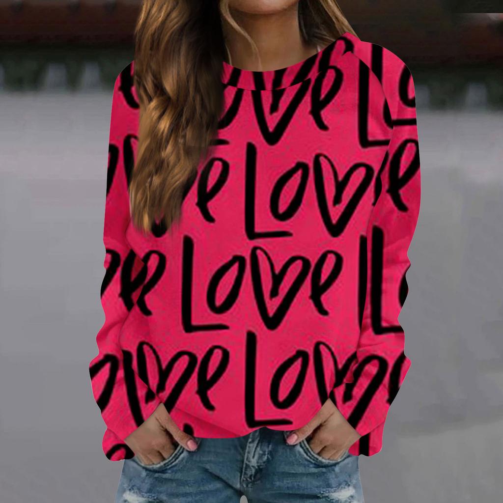 Женская модная повседневная толстовка с длинным рукавом и принтом на День святого Валентина и круглым вырезом