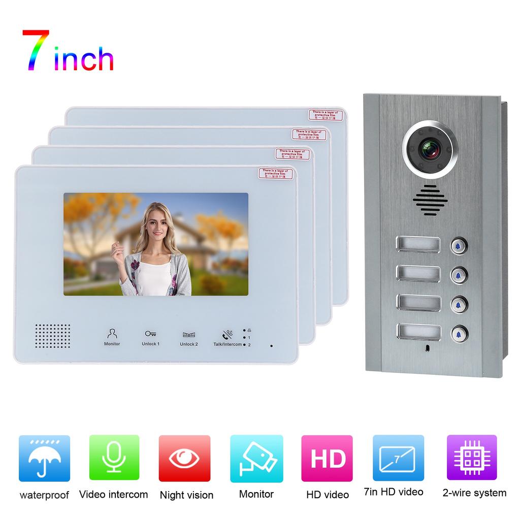 Визуальный домофон, дверной звонок, 7 дюймов, 2 провода, ночное видение, безопасность, телефон, 1 камера, 4 дисплея, 100?240В