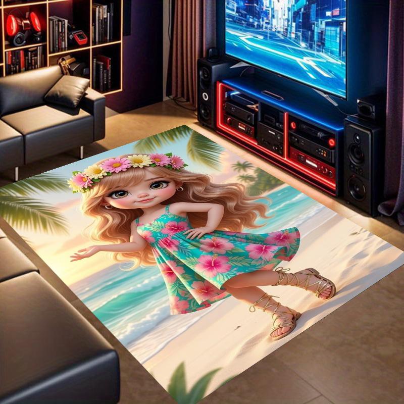 Tropical Beach Cartoon Girl Print Non‑Slip Rug, Summer Coastal Decor Carpet for Living Room Bedroom Home Decoration