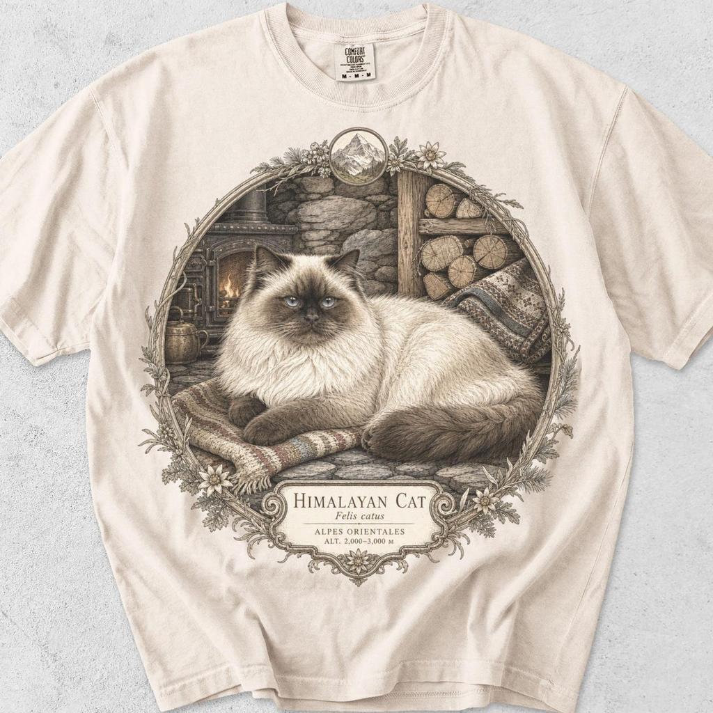 Himalayan Cat Tee: Vintage Alpine Chalet Scene, Comfort Colors Cotton, Relaxed Fit