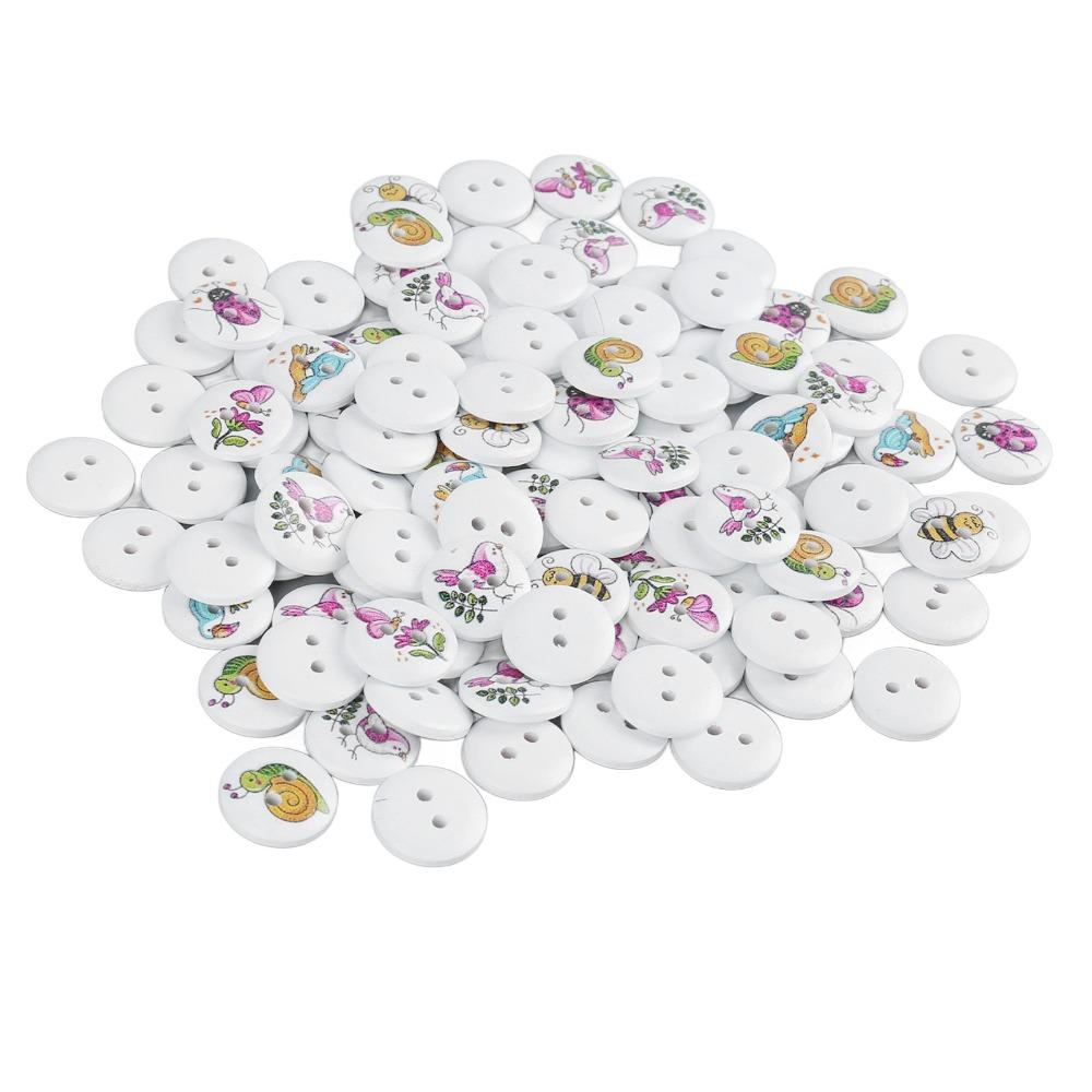 100pcs 2 Holes Wooden Buttons Mixed Printed Round Buttons Cartoon Decorative Buttons For DIY Crafts