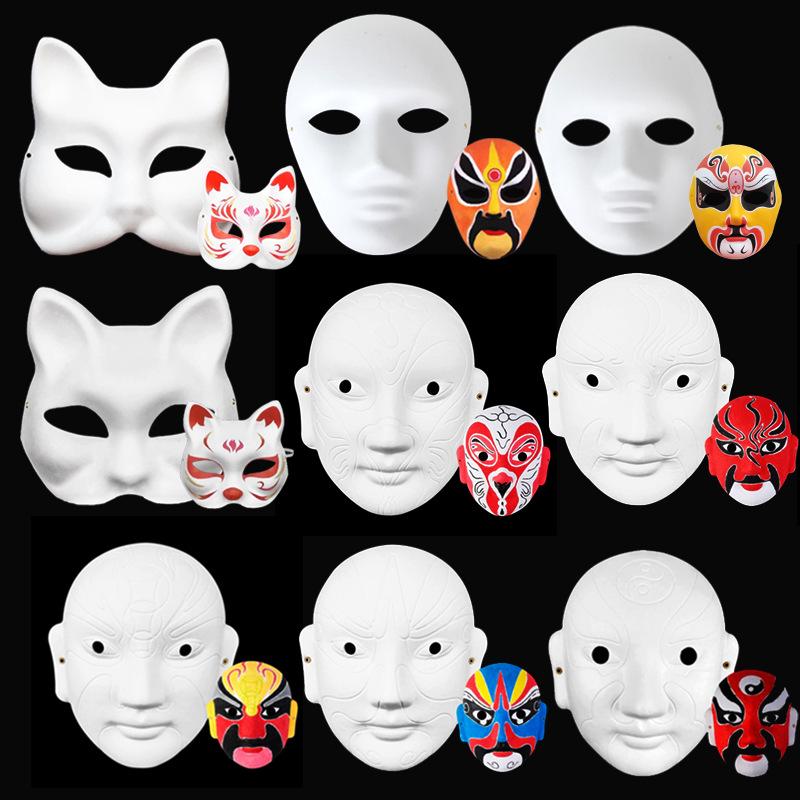 White Hand-Painted Fox Half-Face Mask - Peking Opera DIY Kit for Kids