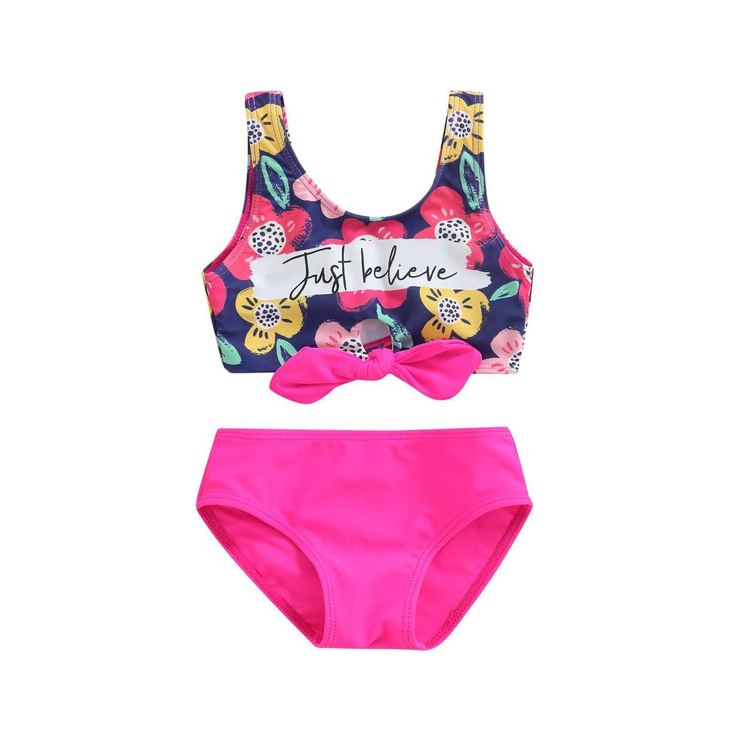 Girl 's Two Pieces Swimwear Suit, Letter Floral Print Front Twist Knot Vest Tops with Underpants