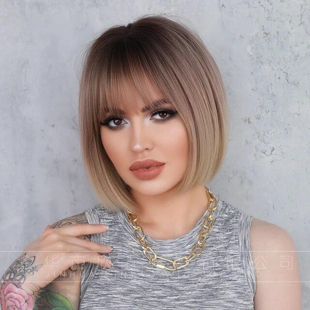 Черный с белым парики Боб с челкой Короткие прямые парики для женщин Основные моменты Парик Косплей Вечеринка Blackpink Корейский парик