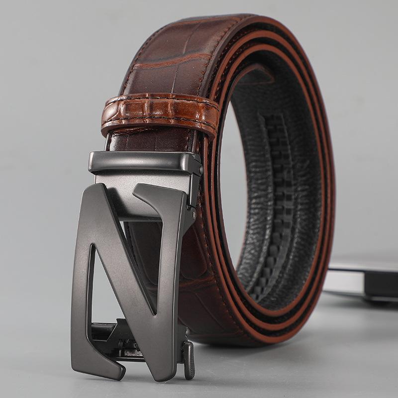 Мужской ремень из натуральной кожи с автоматической пряжкой - 2024 Верхний слой коровьей кожи Деловой стиль для молодежи