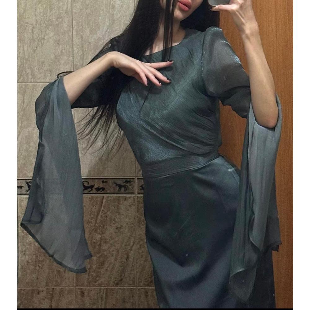 Модное атласное платье-халат, женское облегающее вечернее платье с круглым вырезом, элегантные рукава «летучая мышь», плиссировка на высокой талии, длинное платье