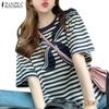 Женская летняя повседневная блузка в полоску с круглым вырезом и коротким рукавом