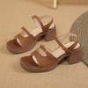 2024 New Retro Genuine Leather Women's Sandals Square High Heels  Office  Platform Buckle Shoes