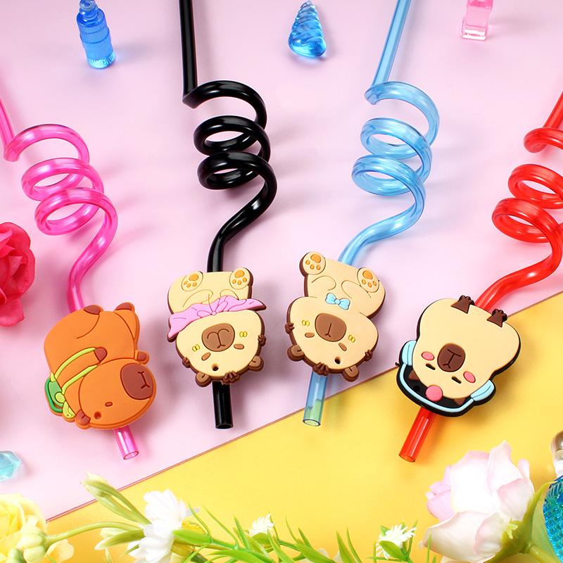 12pcs Cartoon Capybara Reusable Spiral Straws, Papyrus Lizard Theme Straws for Decoration, for Party, Birthday for Drink Party