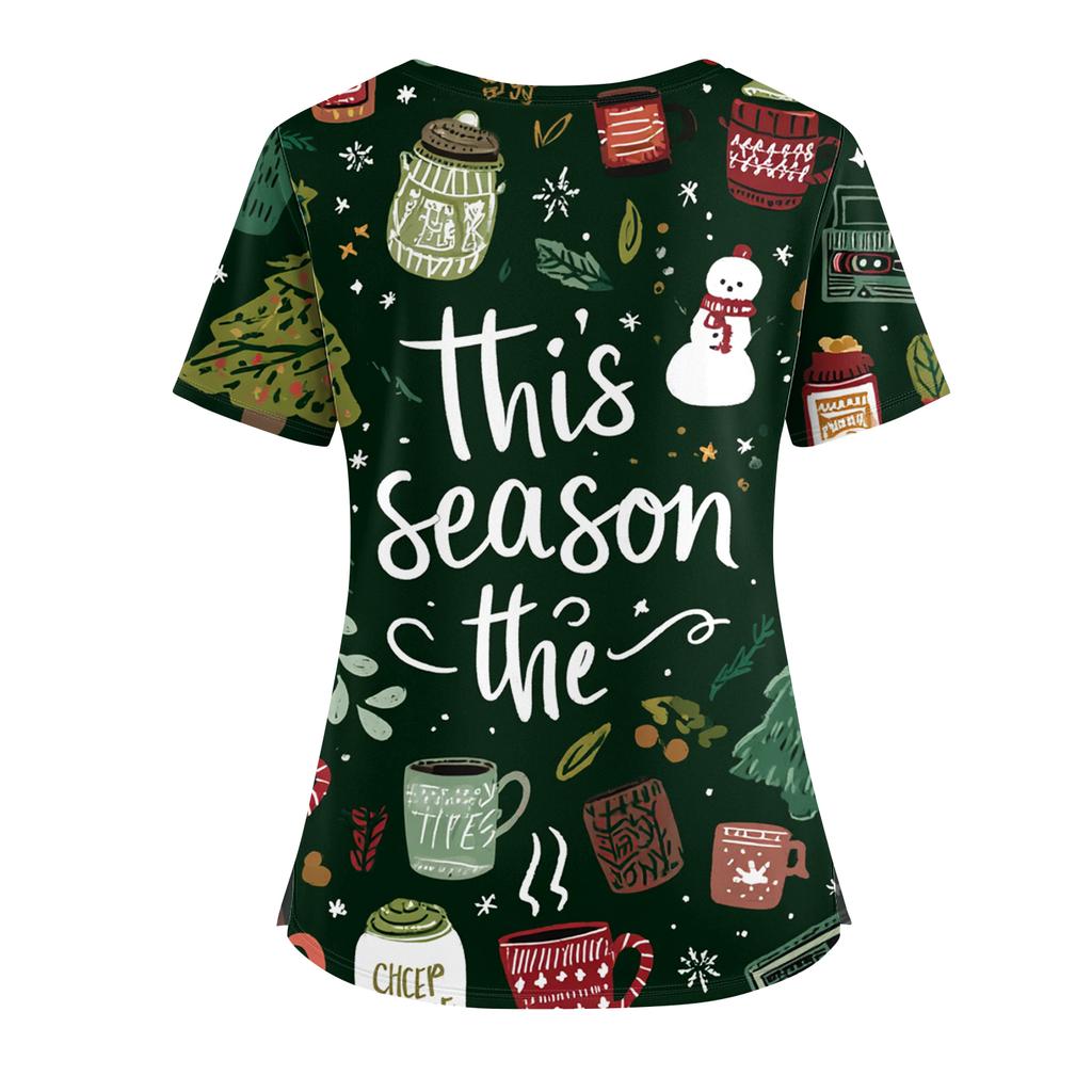 Women's Christmas Print V-Neck Double Pocket Short Sleeves Hem Slit Uniform And Caregiver Top