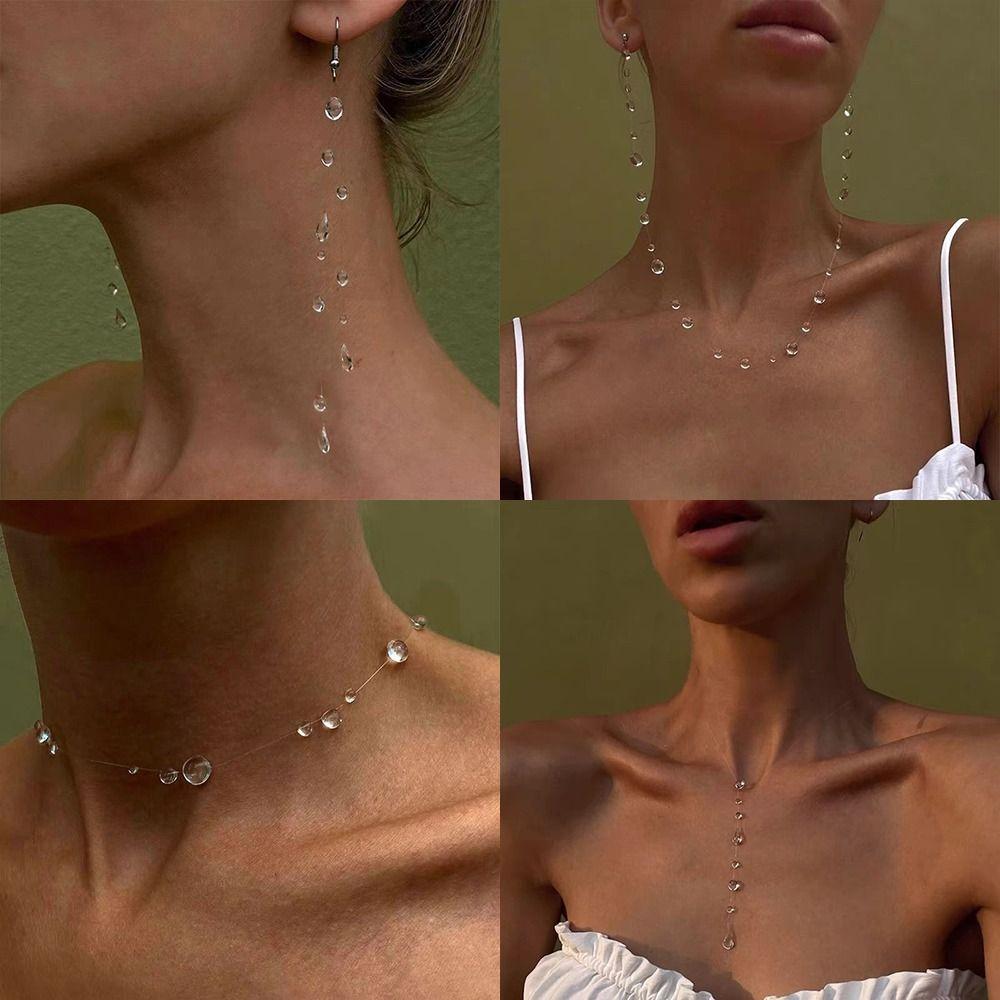 Crystal Dewdrop Earrings Transparent Dew Rain Earrings Dewdrop Necklace Wedding Party