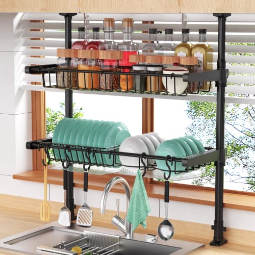 RemixOri Tension Basket-Style Dish Drainer, Adjustable Height 68-110cm, 20kg Weight Capacity, Large Capacity, Over-the-Sink, Stylish, 2-Tier Dish Drai