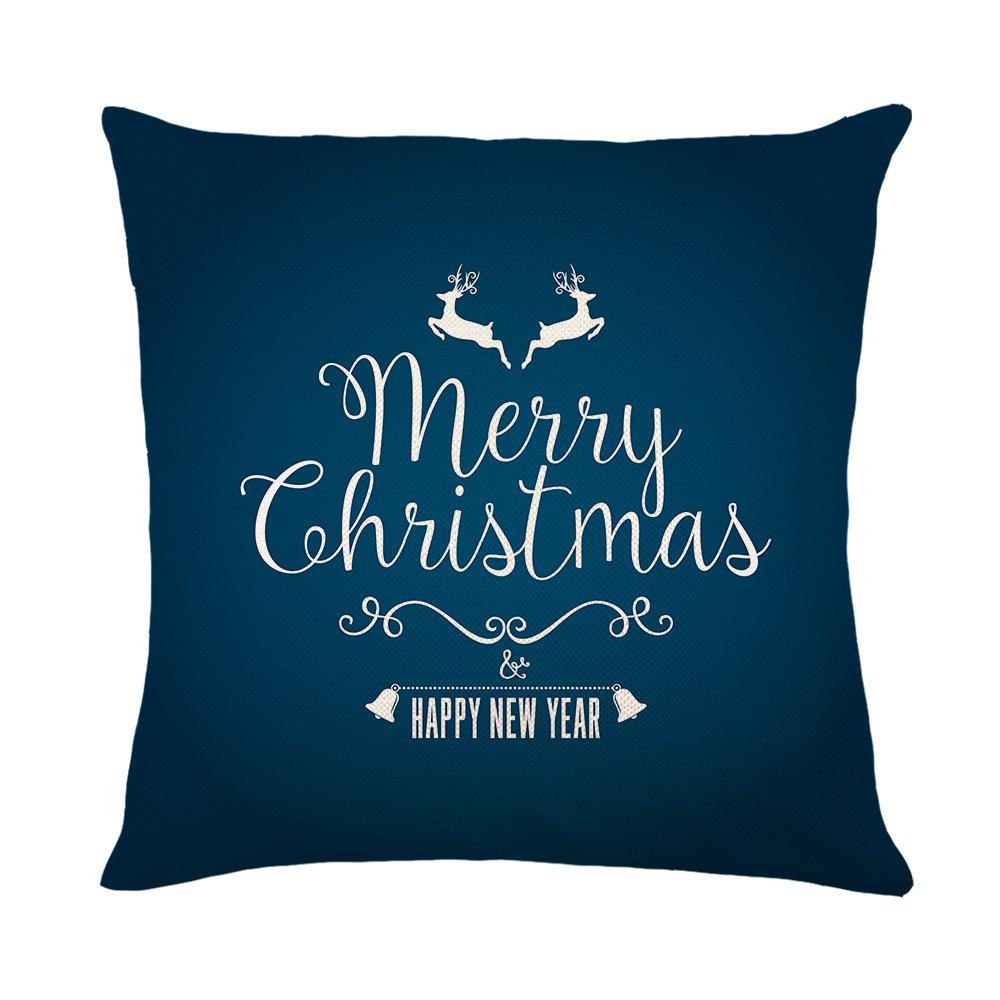Blue Christmas Ornament Cushion Cover Printed Bear Snowflake Elk Santa Claus Tree Merry Christmas Lettering Linen Pillowcase