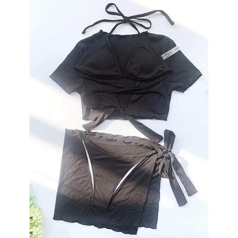 Solid Color Swimsuit Women 4-Piece Bikini Sexy Beach Skirt Bathing Suit Short Sleeve Swimwear High Waist Summer Beachwear