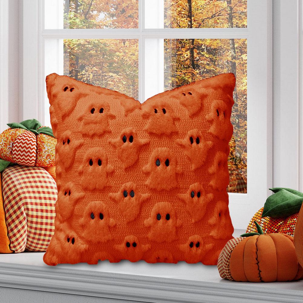 Halloween Plush Faux Fur Pillowcase Comfortable Ghost&Pumpkin Pillow Cover Throw Pillow Cover for Sofa Couch Bed Living Room