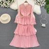 Elegant Solid Sexy Plelated Dress  A-line O-neck Summer Beach Vacation Vestidos Slim Sweet Women Evening Party Sundress