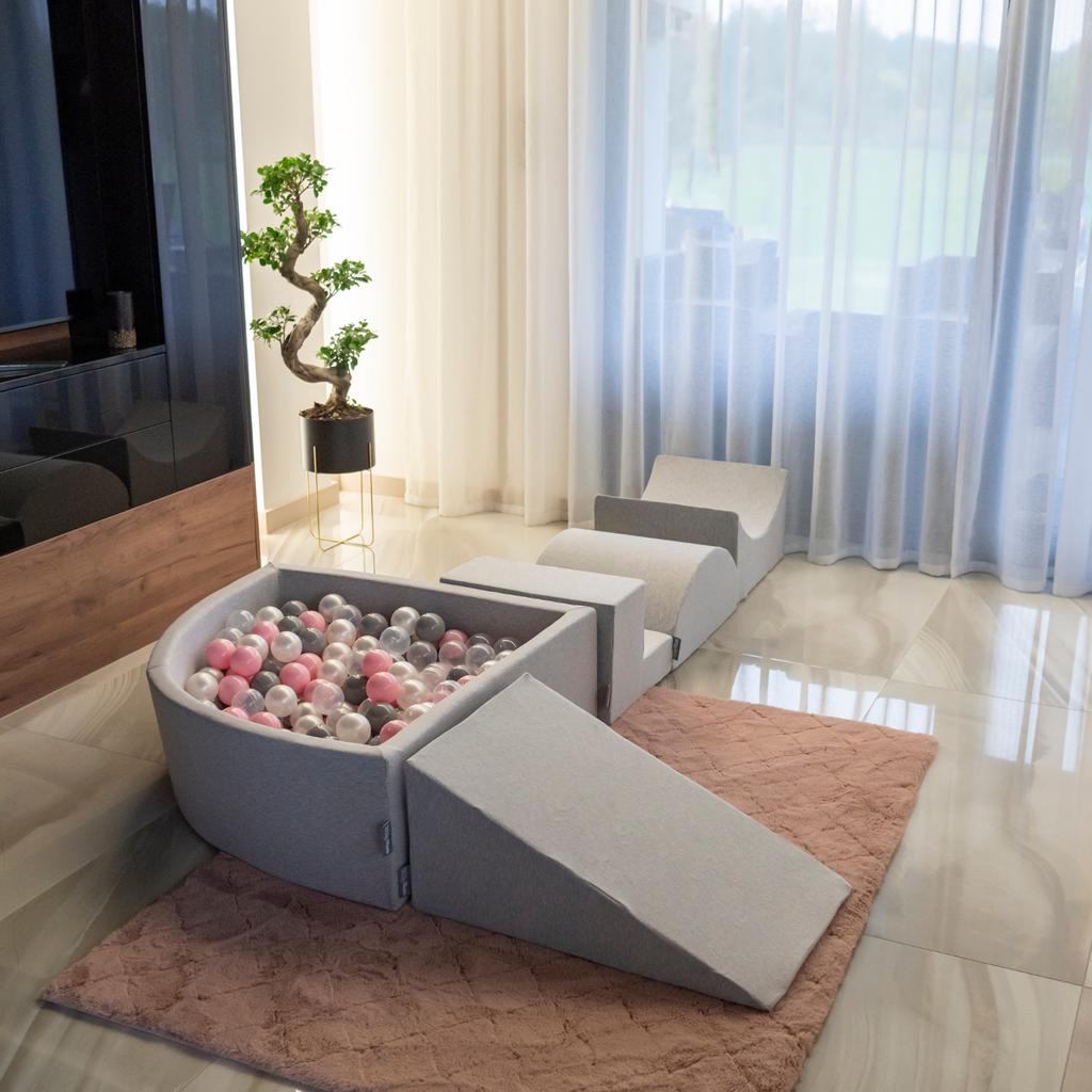 KiddyMoon Soft Ball Pit Round 120x30cm/200 Balls Balls 7cm / 2.75in for Kids, Light Grey:white-grey-powderpink