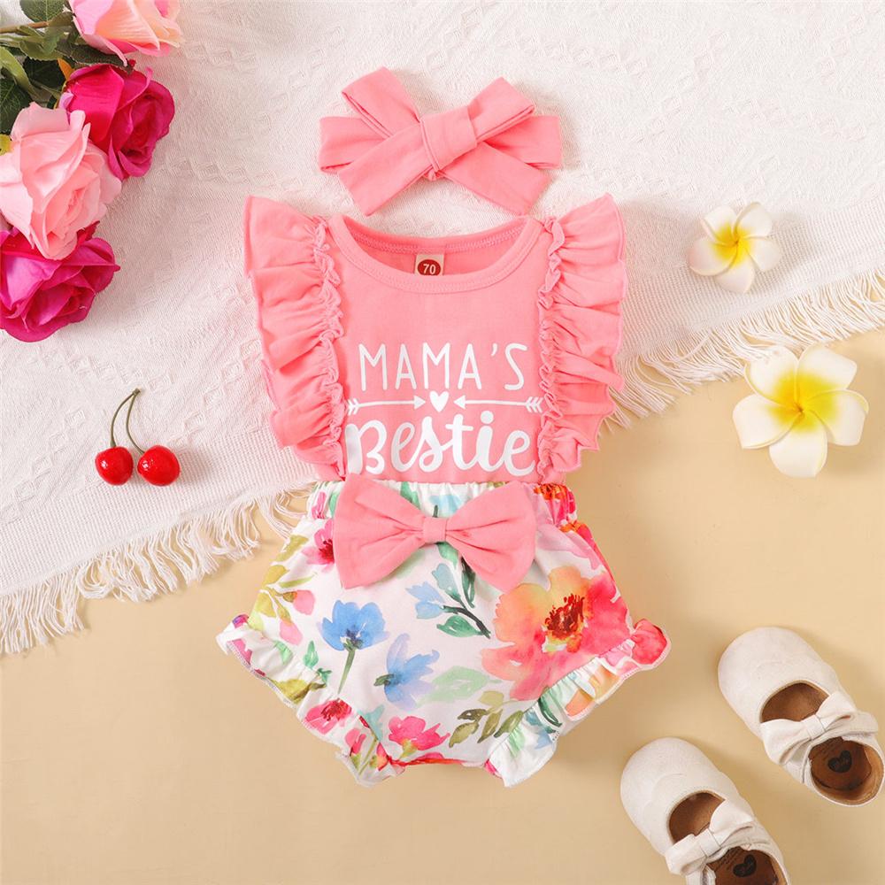 Fashion Letter Print Ruffle Sleeve Baby Bodysuit + Shorts  +Headband 3PCS for 0-18M Newborn Baby Girl Outfit Summer Casual Clothes Set