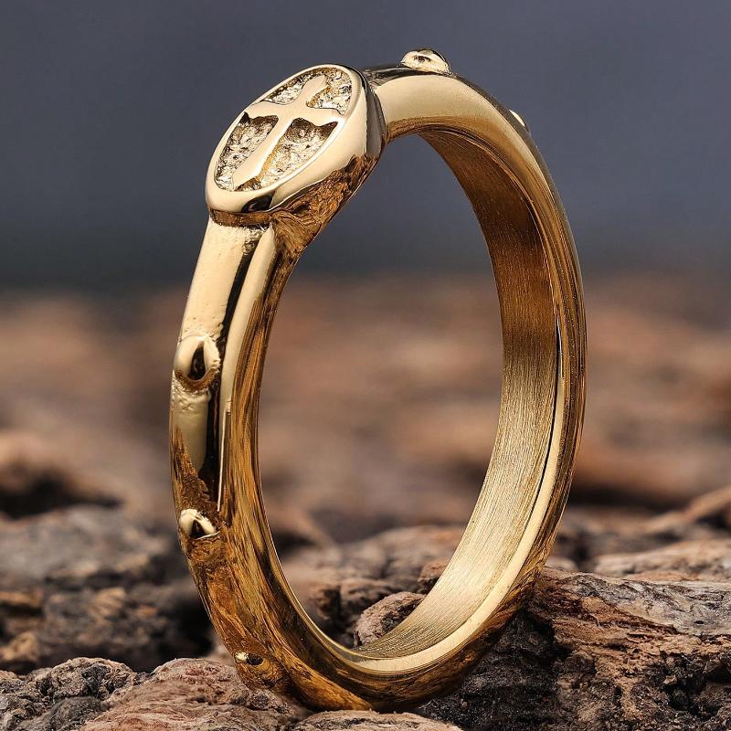 Vintage Gold Color Rosary Beads Catholic Religious Wedding Band Ring Cross Rosary Praying Ring For Women Men