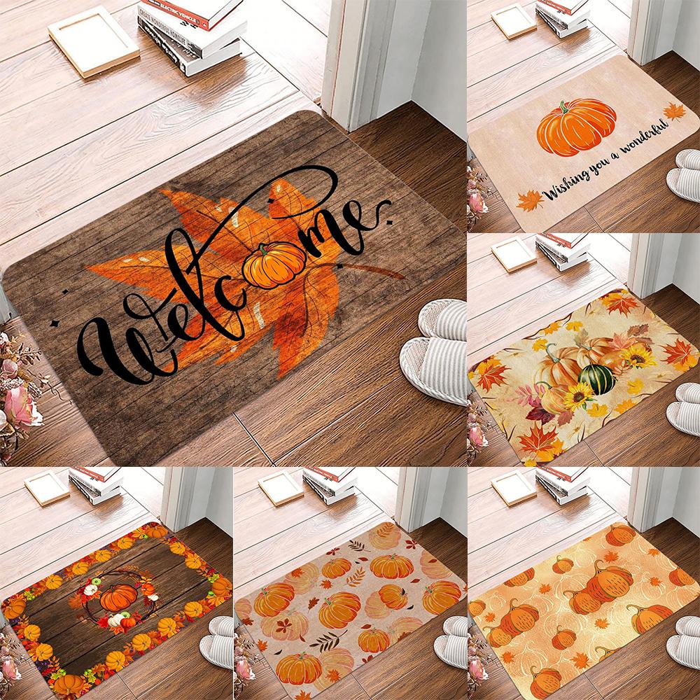 Festive Fall Farmhouse Carpet Pumpkin Harvest Door Mat 100% Polyester Maple Leaf Floral Design Rug Non-Slip For Machine Made