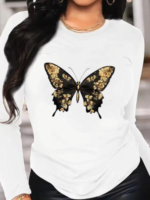 (Азиатский размер) Футболка с круглым вырезом Принт осень зима весна Женская одежда тренд бабочка Повседневная футболка с длинным рукавом Модный топ Графические футболки
